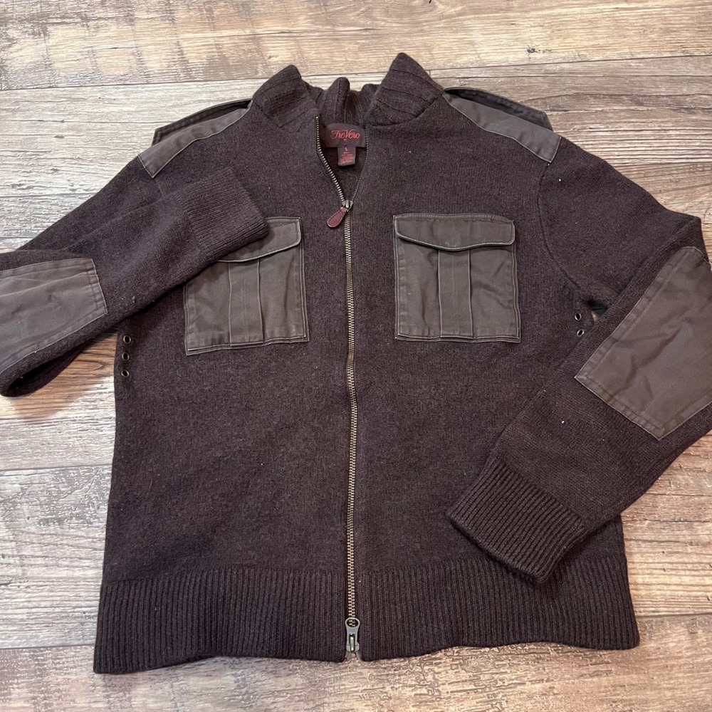 TreVero‎ 100% Wool Full Zip Sweater Brown Military Cargo Pocket Large
